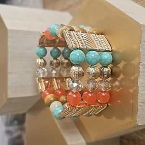 Vintage Carved Multi Gemstone Stretch Bracelet.Gold plated.